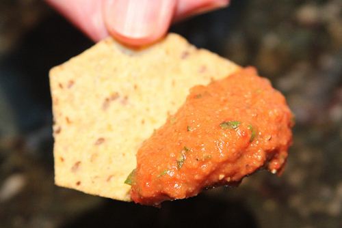 Chips Dipped in Roasted Red Pepper White Bean Dip