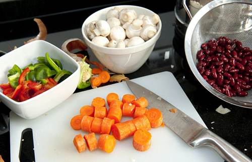 Chopped Fresh Vegetables - Carrots, Mushrooms, Red and Green Bell Pepper - with Beans
